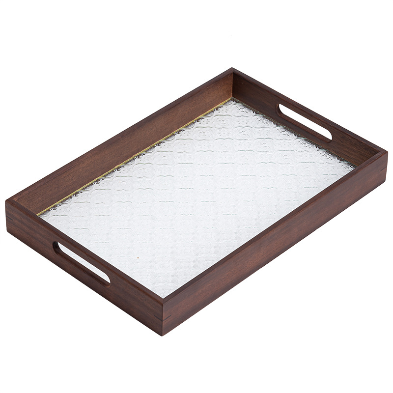 Khay kính lưới cửa sổ gỗ óc chó Khay trà hình chữ nhật nhỏ khay đựng cốc gia dụng khay đựng đồ ăn trái cây khay ăn