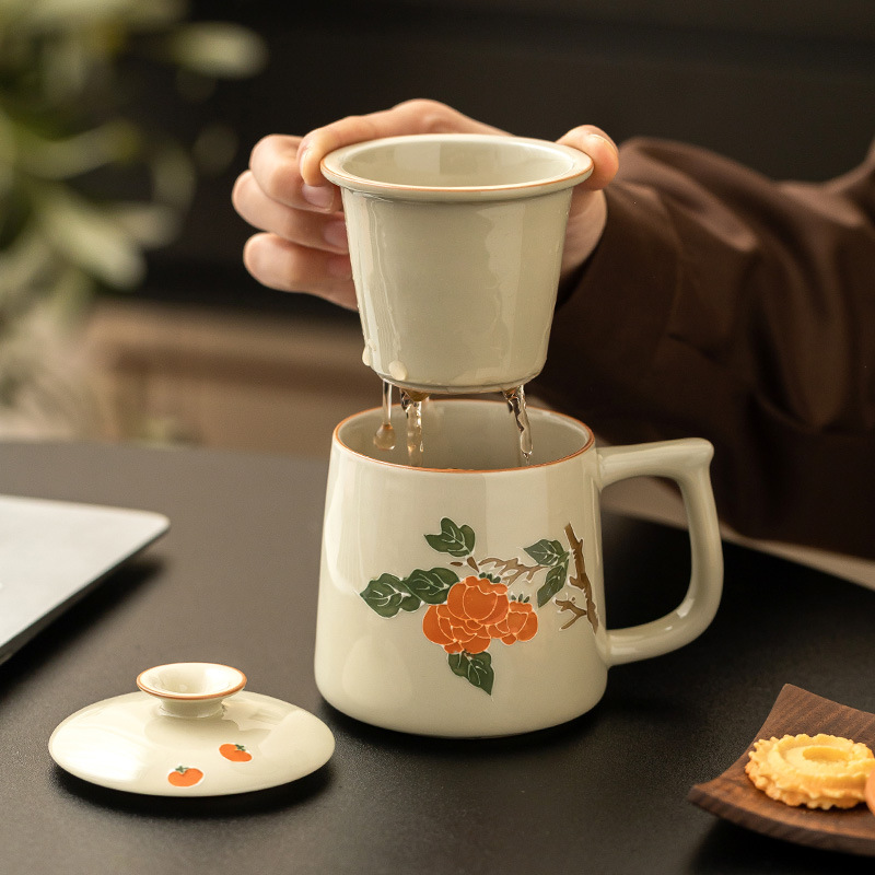 Cốc cốc vẽ tay chạm khắc hồng hồng Ruyi cốc đựng nước gốm sứ gia dụng dung tích lớn có nắp cốc tách trà