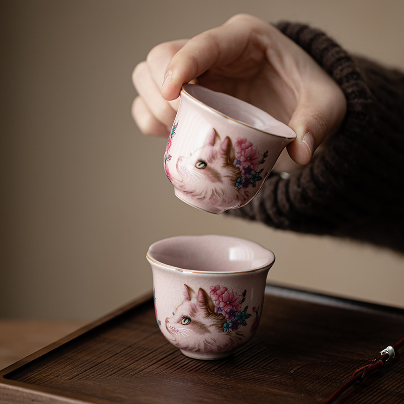 Cốc trà gốm sứ mèo hồng, cốc phú quý, cốc trứng, cốc miệng hoa, bộ trà có thể nuôi, cốc trà đơn, hộp quà