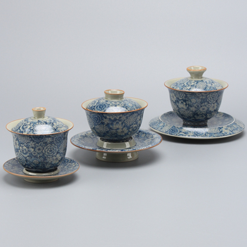 Bát có mũ xanh và trắng Jingdezhen bát có nắp Ba tài cao cấp cốc trà gốm sứ gia dụng Đơn Lớn Bát pha trà