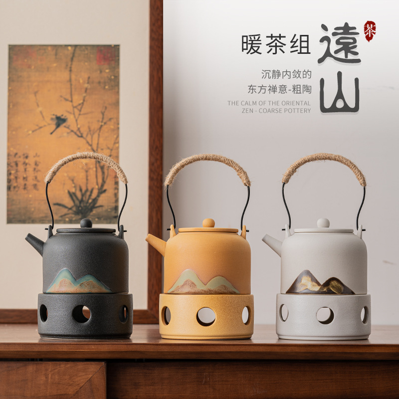 Bộ ấm trà núi Xa vẽ tay phong cách Nhật Bản Bộ ấm trà gốm thô thủ công Bộ ấm trà Kung Fu Bộ ấm nến đế sưởi ấm cách nhiệt
