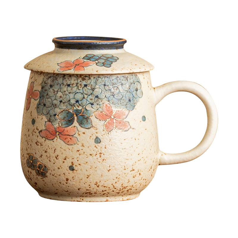 Cốc màu đỏ đá lửa xanh trắng cốc trà hoa cẩm tú cầu vẽ tay gốm sứ có nắp cốc nước cốc cà phê văn phòng gia dụng