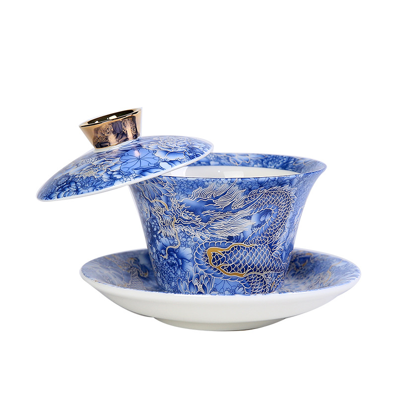 Bát có nắp treo Longteng Prosperity Bát trà Sancai Bộ trà Kung Fu Quà Tặng Bát trà gốm sứ cỡ lớn kiểu Trung Quốc