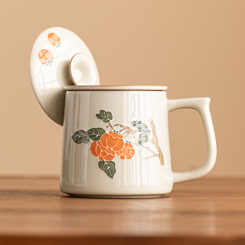 Cốc gốm sứ cao cấp có nắp, ngăn xếp bằng tay tinh khiết, hồng, hồng, trà Ruyi, cốc tách nước, cốc nước văn phòng, chống bỏng