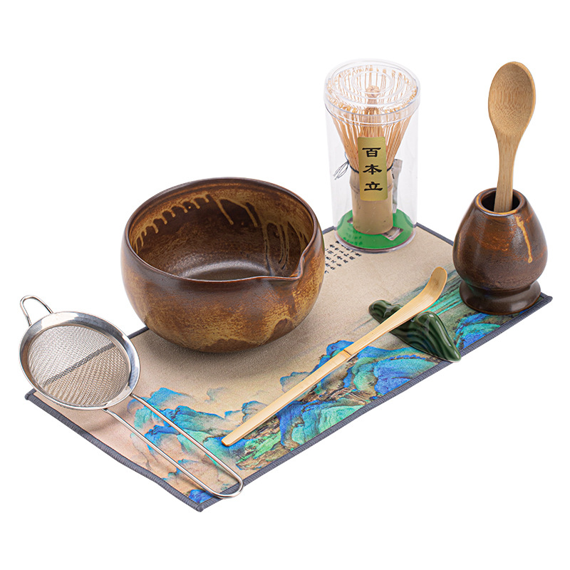 Bộ 8 món Matcha trong lò cổ, trà đạo đặt hàng kiểu Nhật, nguyên bộ dụng cụ làm Matcha, bình trà, bát Matcha đứng, thìa trà Baibenli