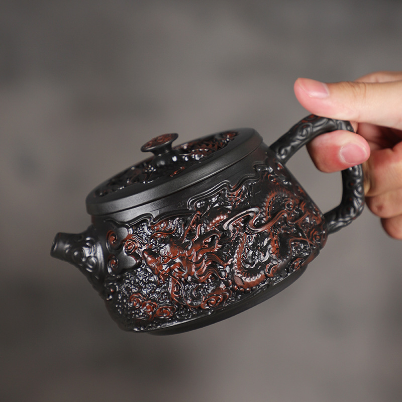 Ấm gốm tím Vân Nam Jianshui chạm nổi thủ công ấm đá rồng phượng ấm trà gốm tím bộ trà dung tích lớn chuyên dụng pha trà