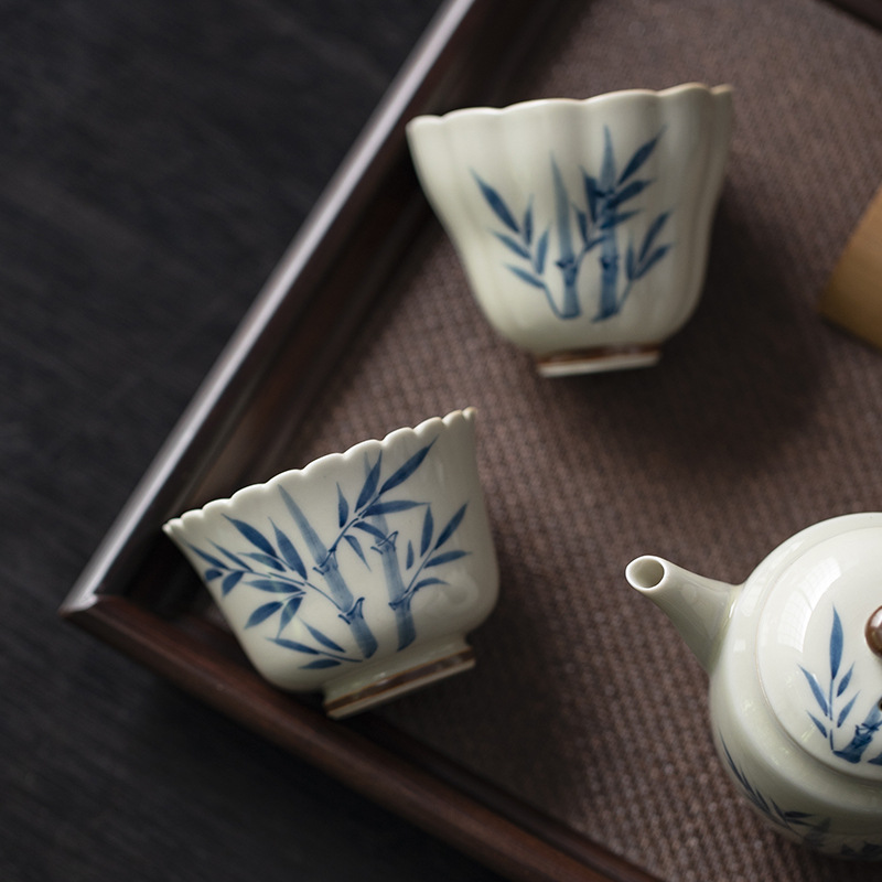 Bộ ấm chén trà Kung Fu gốm sứ vẽ tay, chén trà có nắp Sancai, bộ ấm chén văn phòng nhà màu men lót