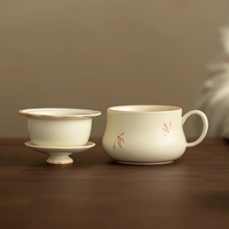 Cốc pha trà hoa lan màu vàng be cốc pha trà tách trà gốm sứ giá trị cao phụ nữ có nắp lọc chuyên dụng