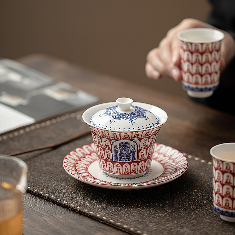 Đôn Hoàng Ngàn Phật sứ trắng có nắp, Bát pha trà gốm sứ gia dụng, Bát tam tài cỡ nhỏ, cốc trà kính, Bộ trà Kung Fu văn hóa và sáng tạo