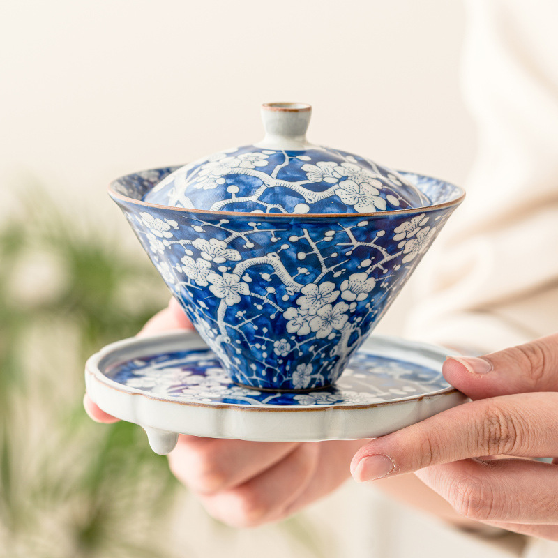 Giả Song Ru lò màu xanh băng hoa mận mũ có Nắp bát trà Bộ trà cao cấp có nắp Bát Trà Tam Tài Bát lớn