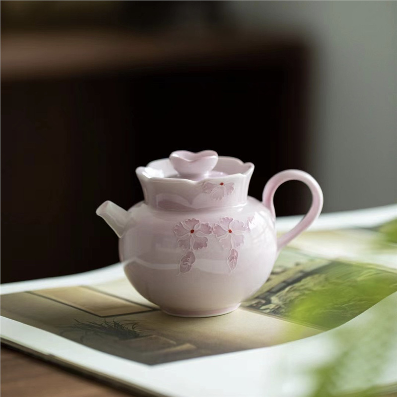 Sản phẩm mới gia công gia cố màu hoa anh đào tráng men màu vẽ tay ấm trà nhiệt độ cao cốc trà nắp bát bộ trà kung fu quà tặng