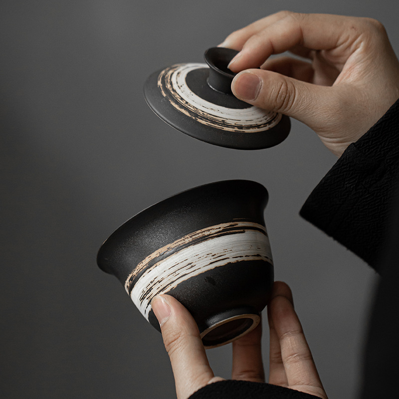 Dụng cụ pha trà Wabijifeng Kung Fu bát nắp nhị tài dụng cụ pha trà dung tích lớn Bát pha trà gốm sứ cổ điển gốm thô