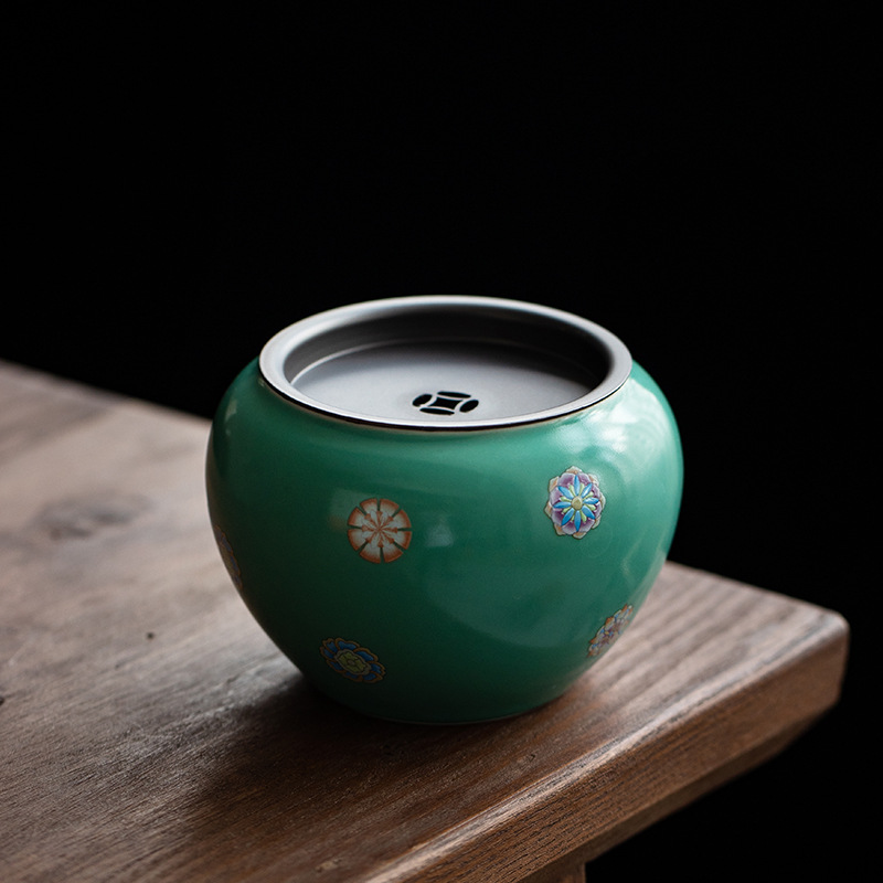 Bể nước màu xanh ngọc lam Jianshui phong cách Nhật Bản đơn giản nhỏ gốm sứ rửa trà Thùng xỉ trà có nắp phụ kiện trà đạo Kung Fu