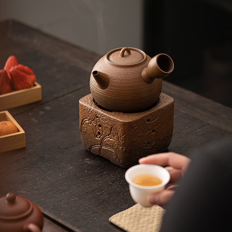 Ấm gốm thô, bếp than, bộ đồ nấu trà, cắm trại ngoài trời, bếp nấu trà, tay cầm bên, bếp than, bếp cồn