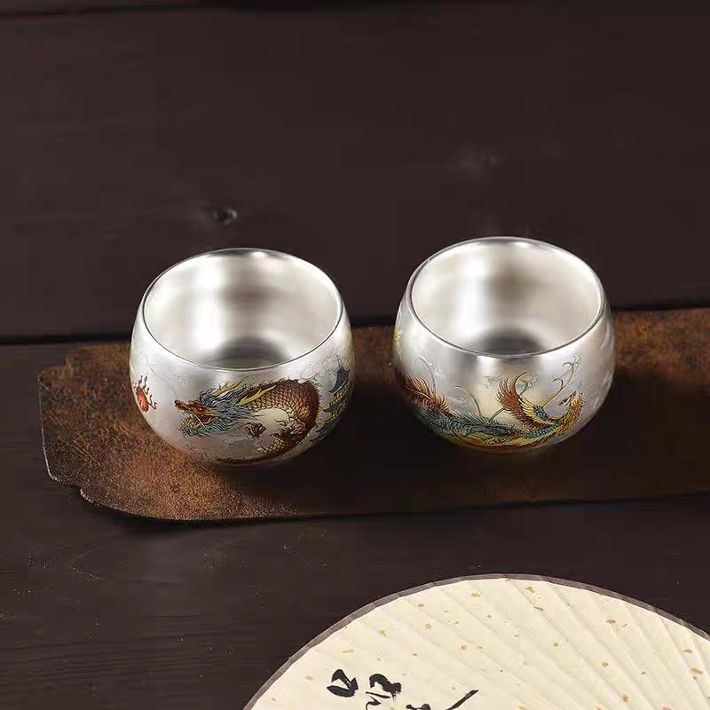 Zhou Hongjie Dragon and Phoenix Silver Cup Master Cup Silver Tea Cup Dragon and Phoenix Cup mạ bạc Cup 999 Silver Cup Home Cup