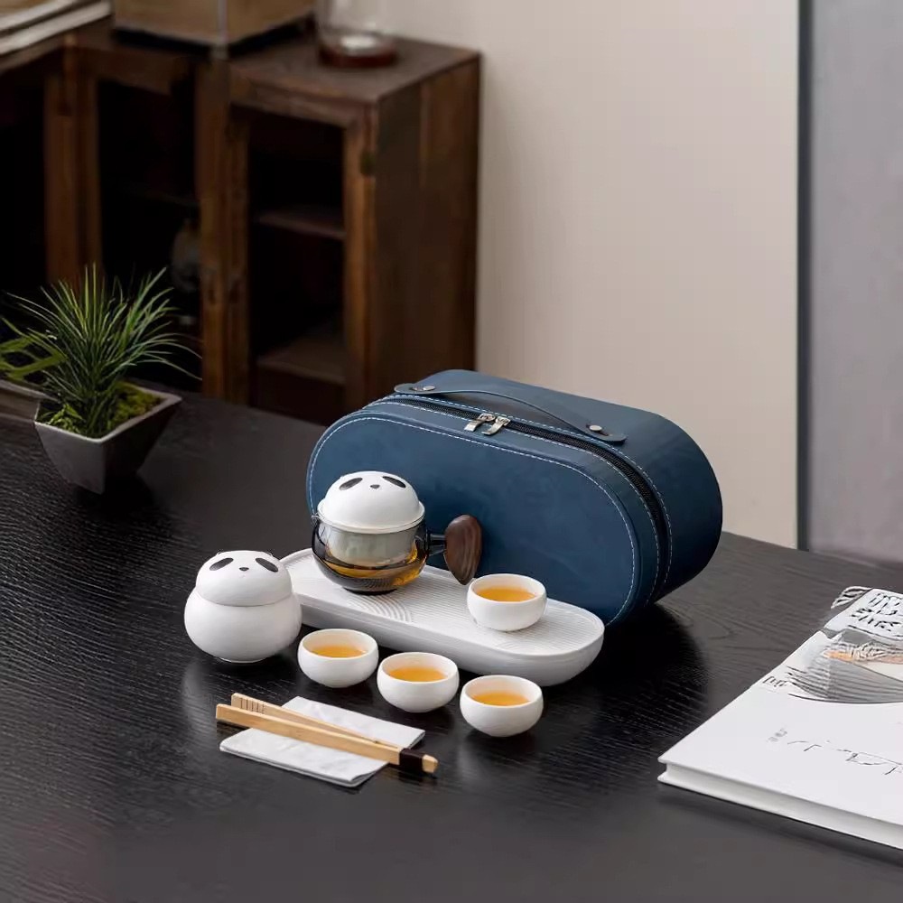 Bộ trà du lịch di động gấu trúc, cốc khách nhanh cắm trại ngoài trời, một ấm bốn cốc, đĩa pha khô, quà tặng