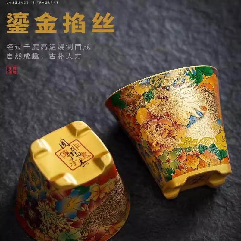 Zhou Hongjie Bộ ấm vuông hoa sen mạ vàng bộ trà cao cấp gia dụng bằng tay lọc băng gốm