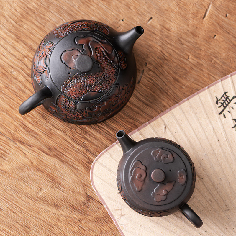 Nguyên khoáng tử cát tường cổ điển thủ công rồng phượng phù điêu Bình Phong Bình Xishi bình đơn dung tích lớn dụng cụ pha trà Kung Fu ấm pha trà