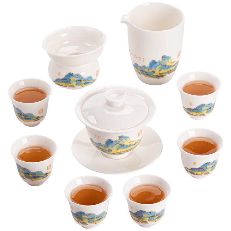 Bộ trà sứ trắng Đức Hoa Bộ trà sứ ngọc bích mỡ cừu gia dụng đơn giản Bộ trà Bộ trà Kung Fu hộp quà