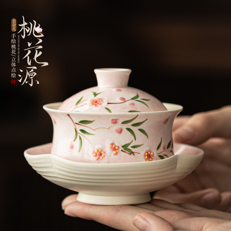 Bát có nắp ba tài hoa đào vẽ tay Bộ trà Kung Fu gốm sứ Trung Quốc Bát trà đơn dụng cụ pha trà đơn giản cho cá nhân
