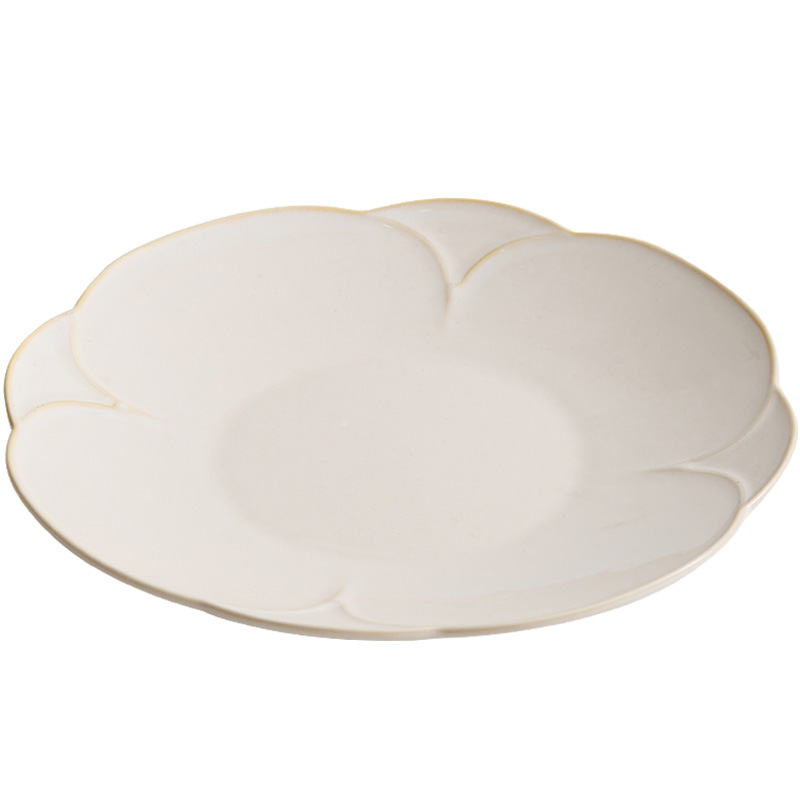 Đĩa phẳng cánh hoa màu be, đĩa gốm, đĩa thức ăn gia dụng, đĩa ăn không quy tắc, đĩa bít tết cao cấp, đĩa ăn Tây