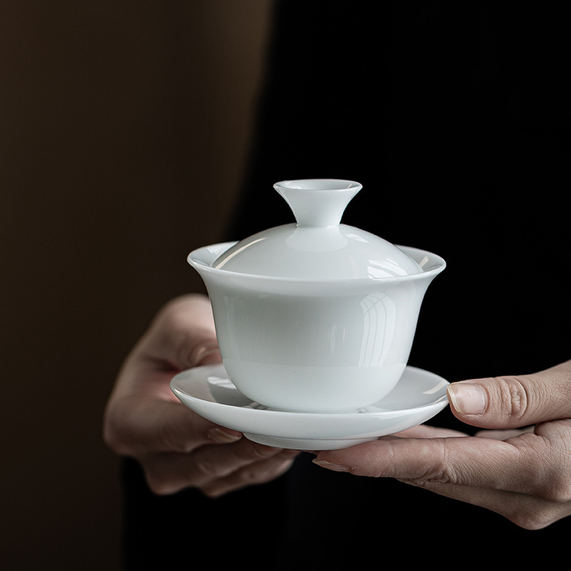 Bát Có Nắp Chuông sứ ngọc bích loại đá Bát có nắp đậy bằng sứ trắng Đức Hoa cốc trà gia dụng gốm sứ Bộ trà Kung Fu Bát pha trà