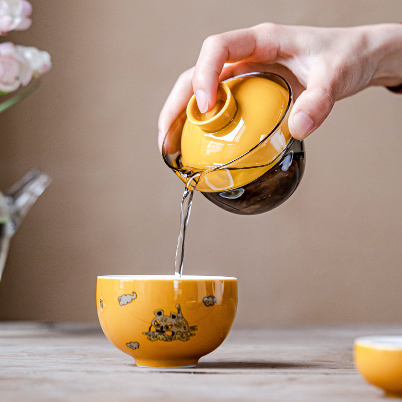 Bộ ấm trà du lịch Thủy Tinh Như Hổ thêm cánh, cốc pha trà, cốc khách nhanh bằng gốm cầm tay ngoài trời, Một Ấm một cốc Ba cốc