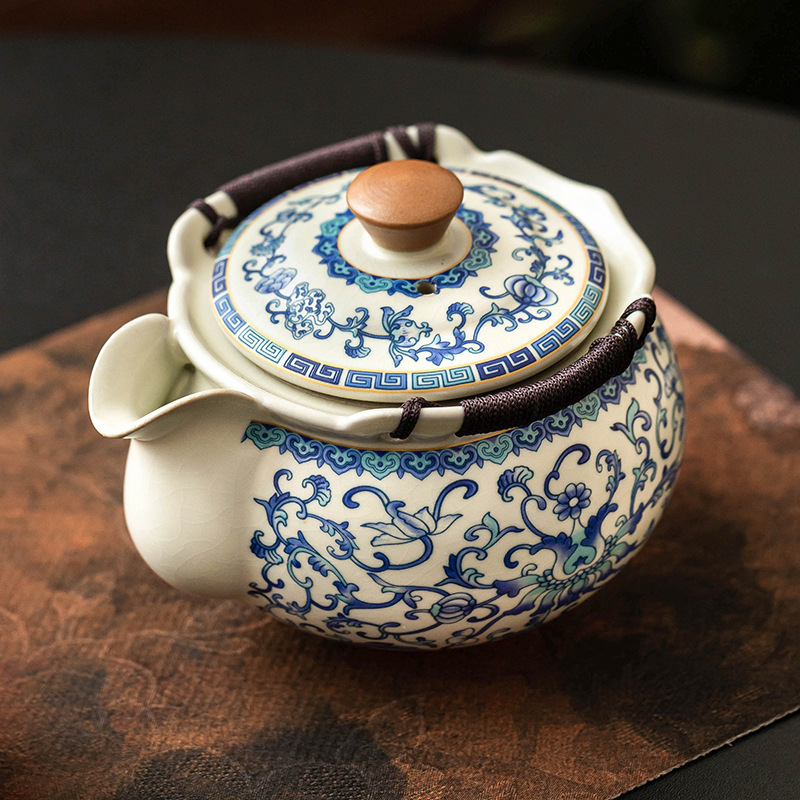 Ấm trà gốm sứ Ru Kiln ấm trà cầm tay hoa sen xanh trắng gia dụng bát nắp cốc trà hộp quà