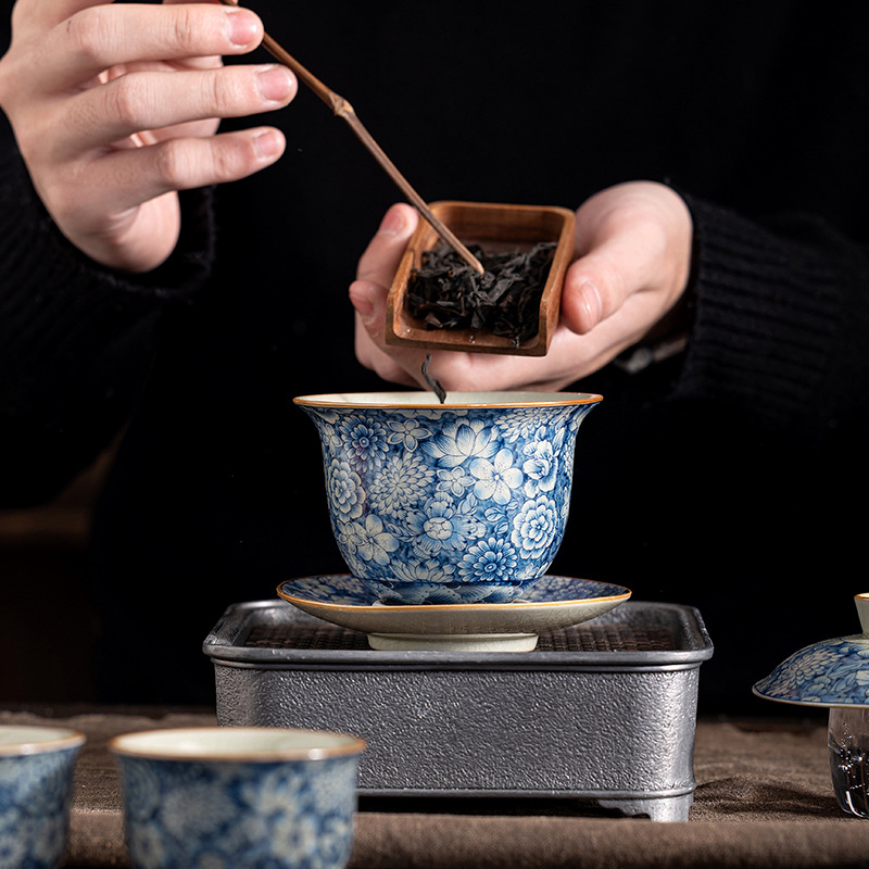 Bộ trà bát có nắp Sancai bằng đất sét cũ, bộ trà có nắp, bộ trà có nắp, bát có nắp Sancai chống bỏng