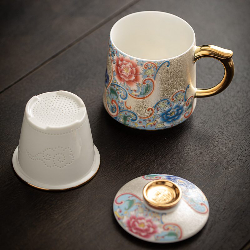 Cốc pha trà men bạc cloisonné cao cấp cốc pha trà gốm sứ chuyên dụng cá nhân tách trà có nắp lọc cốc văn phòng