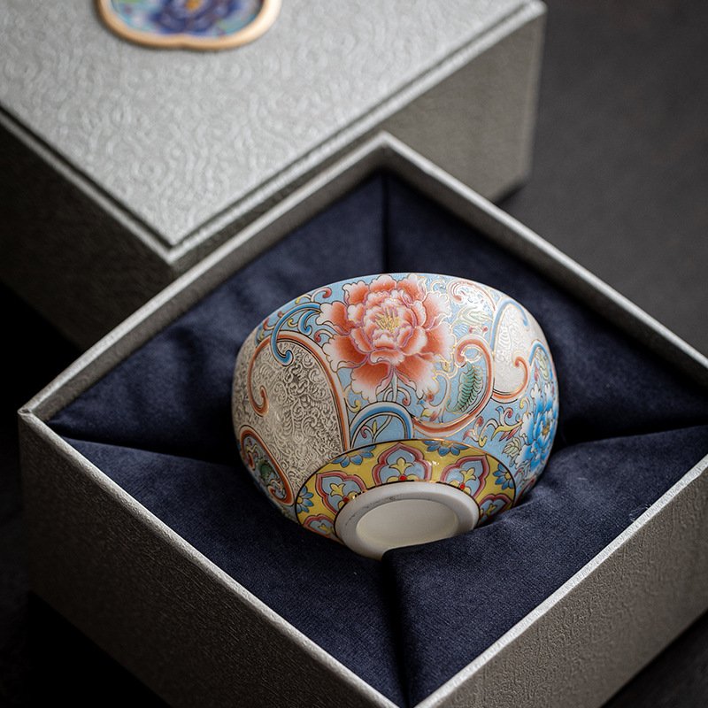 Cốc chủ nhân thủ công bạc chạm khắc thủ công cốc trà cỡ lớn cốc trà Kung Fu phong cách cung điện retro hộp quà