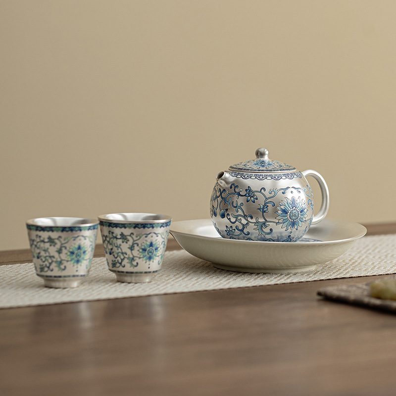 Bộ bộ hoa sen mạ bạc một bình hai cốc ấm trà gốm sứ cổ điển Bộ trà bộ nhỏ bộ trà Kung Fu tự dùng làm quà tặng