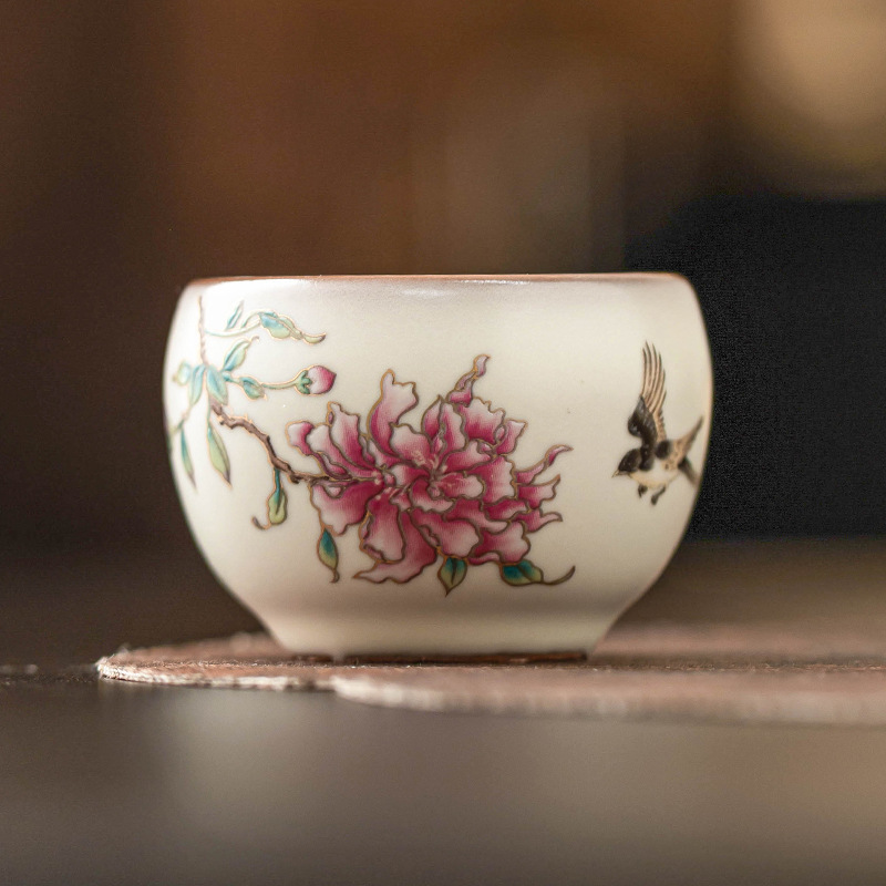 Cốc chủ lò Ru cao cấp, thạch mỡ lợn, hoa mẫu đơn, cốc trà, bộ trà gốm sứ, cốc trà Kung Fu, cốc đơn