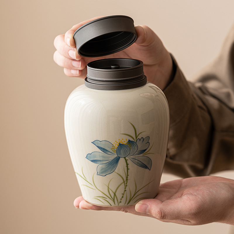 Bình trà hoa sen xanh xám thực vật, bình kín, bình đựng trà gia dụng cao cấp cao cấp, bộ trà kho trà lớn chống ẩm