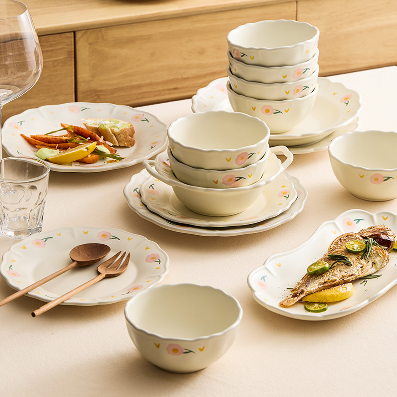 Bộ đồ ăn gốm sứ họa tiết hoa mẫu đơn, gồm bát và đĩa, dùng trong nhà, mẫu mới 2025, đồ dùng nhà bếp, đĩa ăn, bát ăn, thẩm mỹ cao