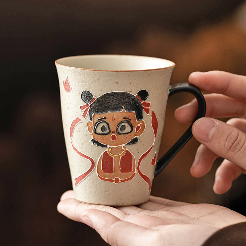 Cốc Nezha đỏ đá lửa xanh trắng cốc trà cỡ lớn cốc cà phê gốm sứ tinh xảo cao cấp cốc uống nước gia dụng