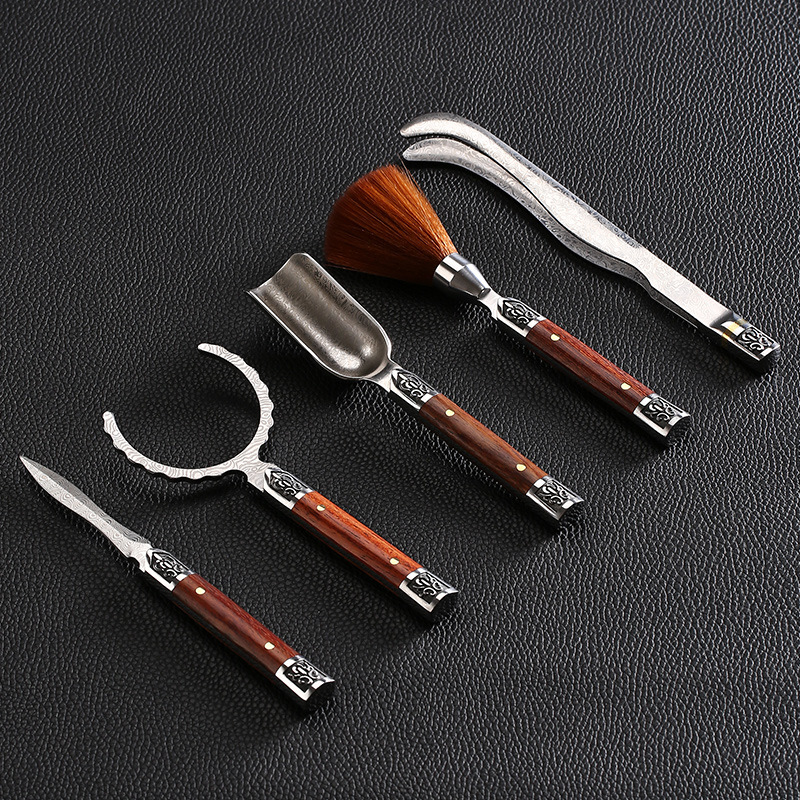 Bộ sáu quý ông trà đạo bằng gỗ mun chống trượt kẹp trà inox cầm bút dao thìa phụ kiện trà đạo dụng cụ pha trà