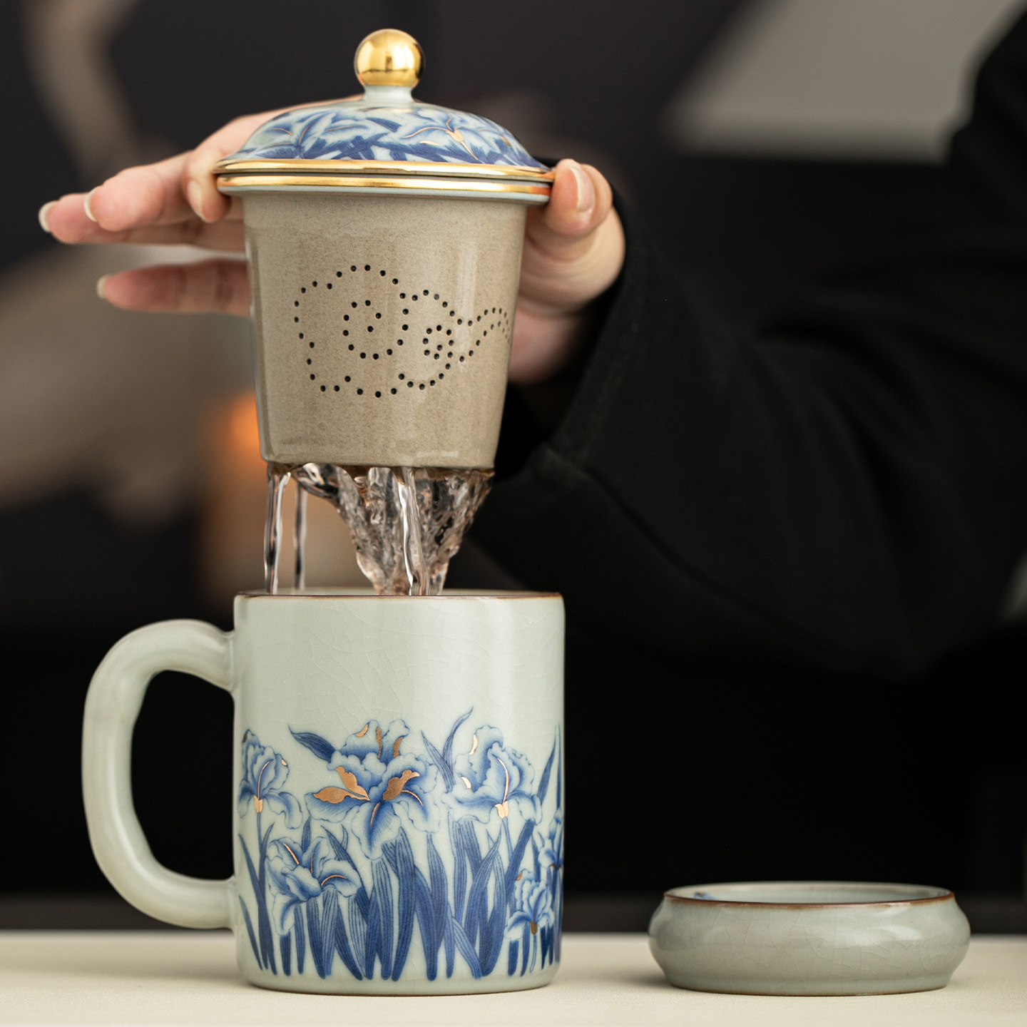 Ly sứ Ru Kiln cao cấp, ly retro dung tích lớn, ly sứ xanh trắng phúc lợi nhân viên, ly trà cho khách hàng