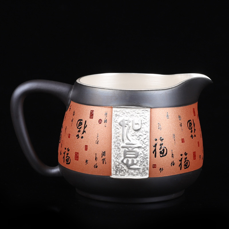 Dụng cụ chia trà cát tím mạ bạc, tách trà, tách trà, tách trà, tách trà, cốc trà cát tím bạc 999, quặng thô, đất sét cũ gia dụng