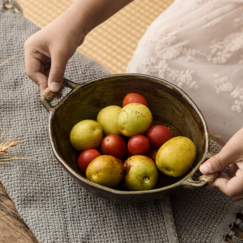 Đĩa ăn hai tai bằng gốm thô thủ công kiểu Nhật, đĩa tròn cỡ lớn nhỏ cổ điển gia dụng, đĩa gốm, bộ đồ ăn, Đĩa trái cây, đĩa ăn sáng