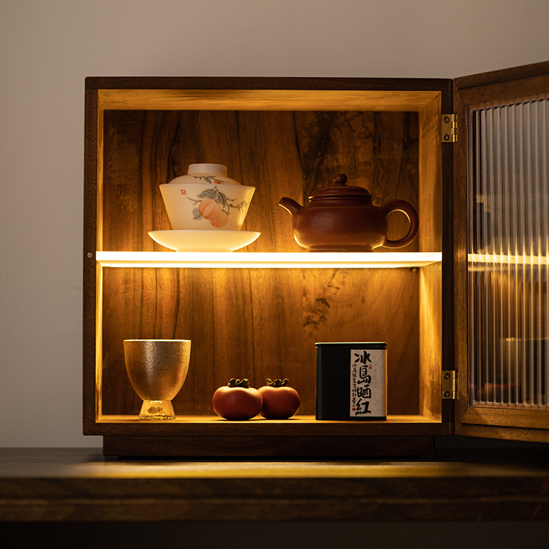 Bàn trà để bàn, tủ góc, Bộ trà, tủ đựng trà, tủ gỗ nguyên khối chống bụi, tủ nhỏ óc chó có đèn, tủ đựng đồ