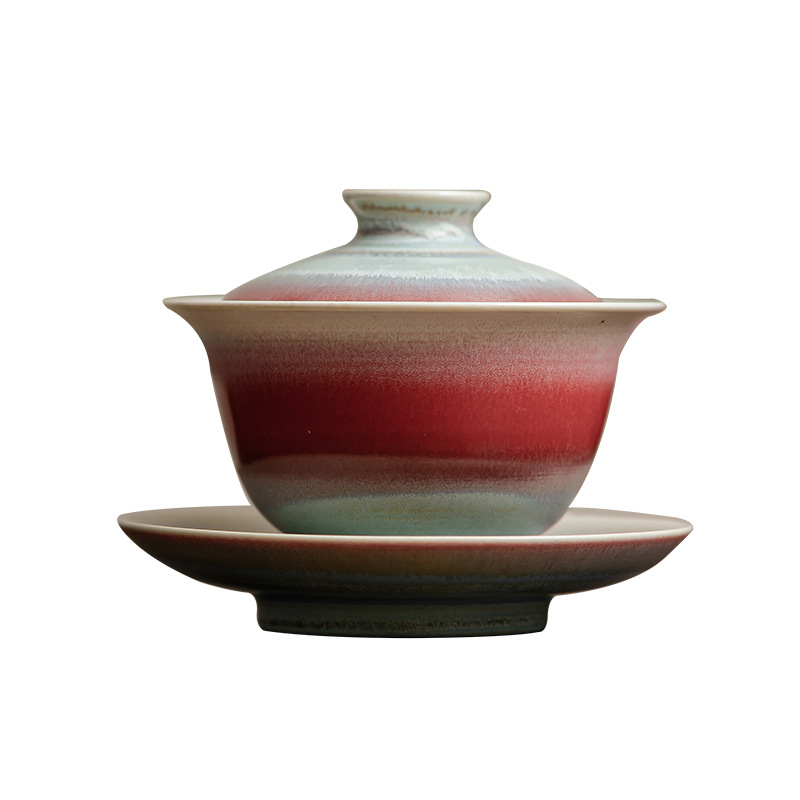 Bát có nắp Sancai Pinellia, bát pha trà gốm sứ biến đổi lò nung cực quang, cốc trà có nắp, bát cầm tay gia dụng, dụng cụ pha trà đơn