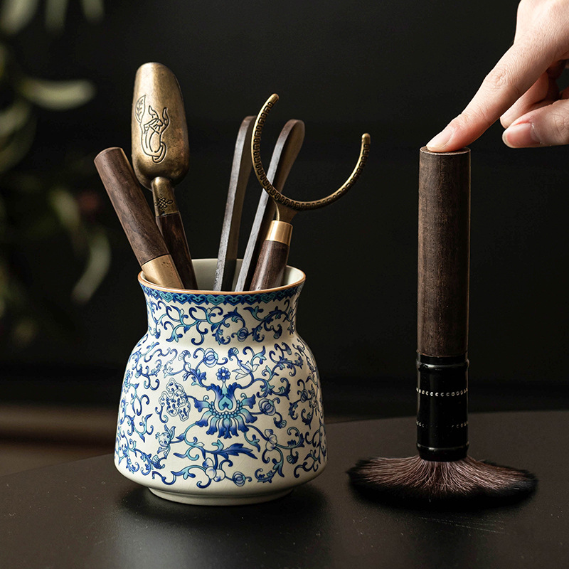 Trà đạo gốm sứ sáu quý nhân Ru lò trắng xanh bộ trà cành sen phụ kiện rửa trà gia dụng dụng cụ pha trà trọn bộ rửa bút