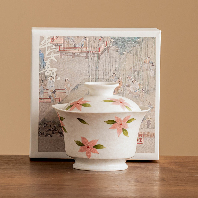 Đá mỏ vẽ tay, hoa anh đào trắng, bát có nắp, cốc trà gốm có nắp, bát pha trà gia dụng đơn, bộ trà Kung Fu cao cấp