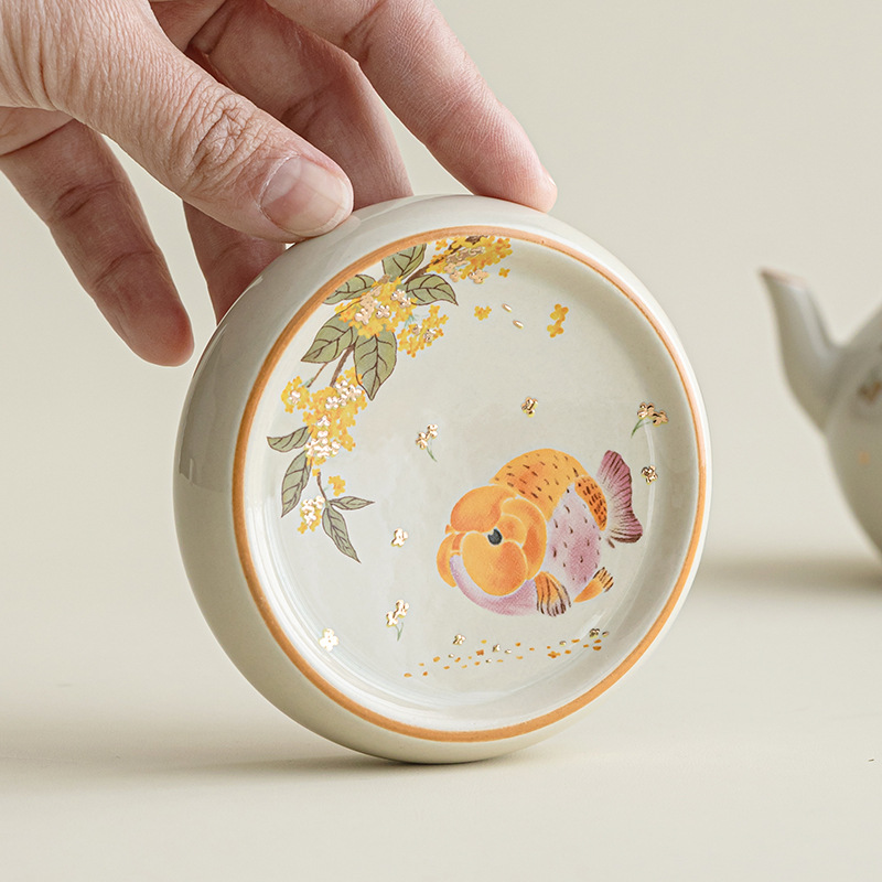 Ấm trà hình tròn có nắp đựng cá osmanthus màu xám thực vật phong cách dân tộc, cốc trà, đệm cách nhiệt, phụ kiện bộ trà Kung Fu gốm sứ gia dụng