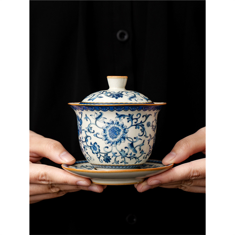 Bát có nắp thoáng trong lò sen xanh trắng, cốc trà Kung Fu mở gia dụng cao cấp có nắp, bát pha trà tam tài