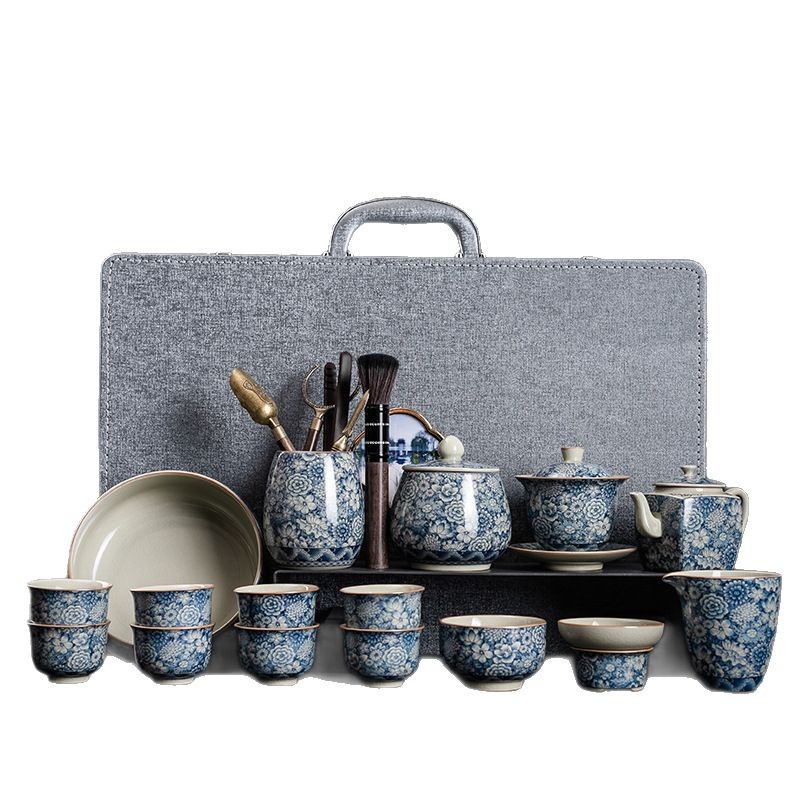 Bộ ấm trà Kung Fu bằng sứ xanh trắng bằng đất sét cũ, bộ ấm trà cốc trà có nắp đậy văn phòng kiểu Trung Quốc sang trọng nhẹ cho gia đình