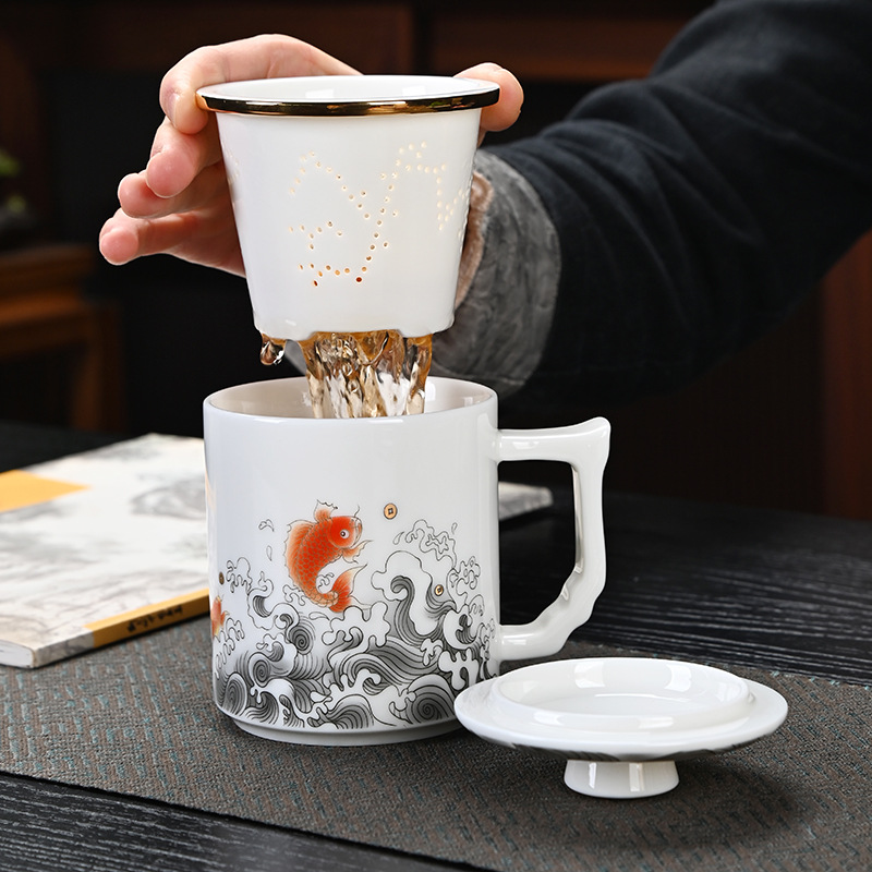 Cốc pha trà sứ trắng ngọc bích cao cấp cốc tách trà gốm sứ cốc văn phòng có nắp cốc lọc chuyên dụng cá nhân