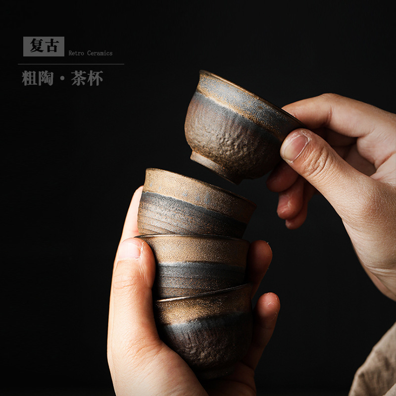 Cốc trà gốm thô, cốc trà gốm sứ, bộ trà kung fu gia dụng cổ điển, cốc đơn, bát trà nhỏ, cốc chủ nhân, bán buôn mạ vàng