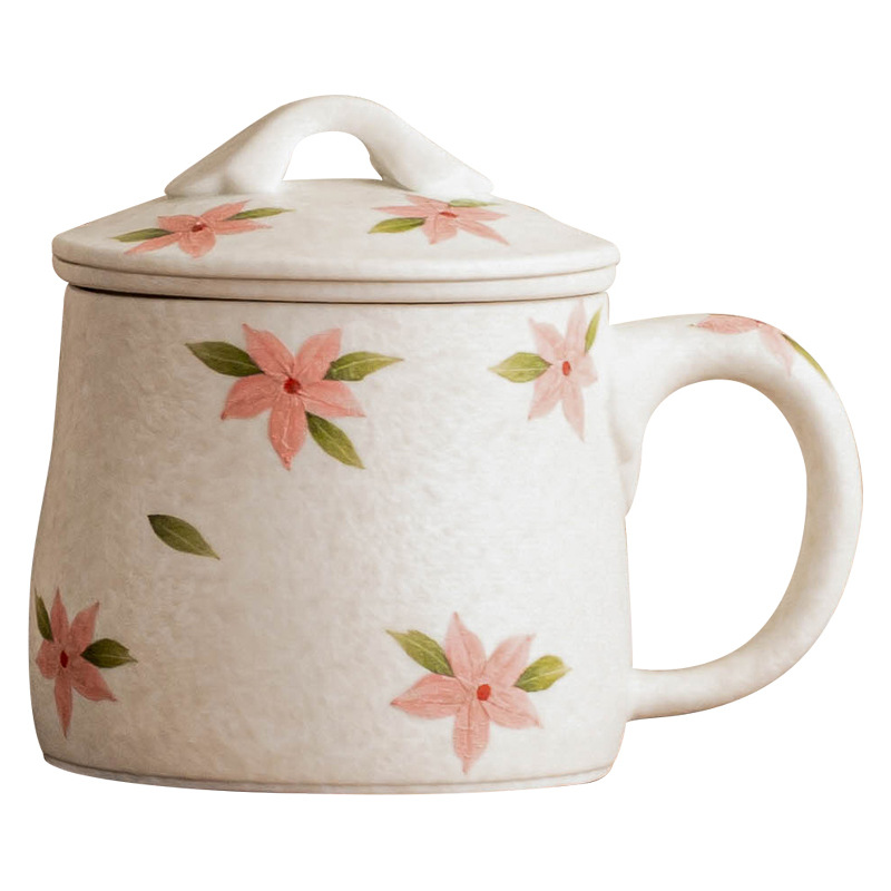 Cốc văn phòng hoa anh đào trắng khai thác đá cốc tách nước trà cốc gốm sứ vẽ tay gia dụng cốc trà văn phòng có nắp